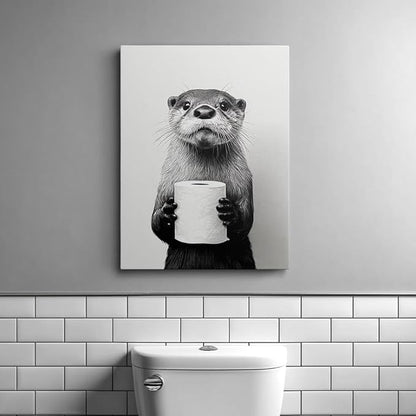 Funny Bathroom Wall Art Canvas Framed Print Black and White Otter Holding Toilet Paper Whimsical Animal Wall Decor Artwork for Bathroom Powder Room Kids Bathroom 12x16 Inches