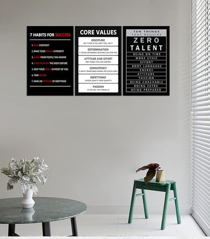Inspirational Canvas Core Values Wall Art 3 Pieces Poster Motivational Ten Things That Require Zero Talent Canvas Artwork Picture Print Framed for Home Office Living Room Gym Wall Decor [48''Wx 24''H]