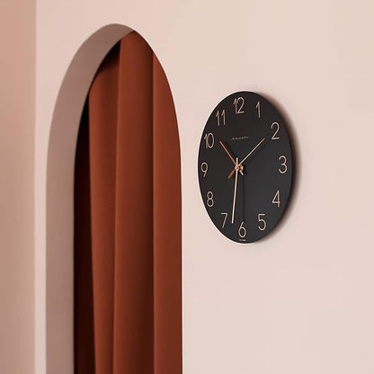mooas Flatwood Black Wall Clock,12" Non-Ticking Sweep Movement Decorative Modern Battery Operated Decorative Wall Clock for Home Living Room Kitchen Bedroom Office School Cafe Hotel (Black)