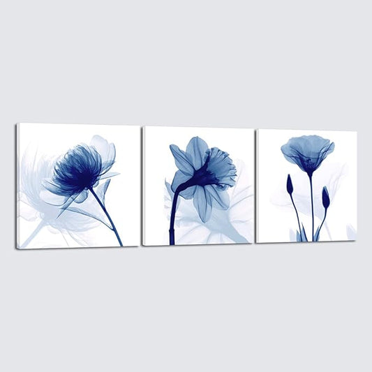 Wieco Art Blue Flowers 3 Panels Canvas Print Wall Art Modern Pictures Artwork for Living Room Bedroom and Home Decorations