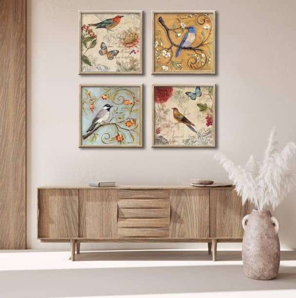 Large Framed Flowers Birds Canvas Wall Art for Bedroom Floral Wall Decor Butterfly Picture Artwork Vintage Prints Paintings for Living Room Bathroom Kitchen Decorations 16"x16"