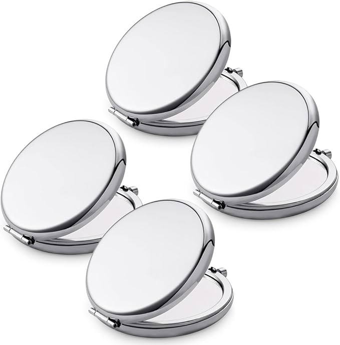 Compact Mirror for Purse, Metal Round Shell, Double-Sided 1X/2X Magnifying, Portable Travel Small Makeup Mirror, Mini Pocket Mirror, Sliver, 4 Packs