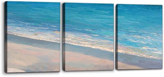 Pacimo - 3 Panels Canvas Wall Art Decor - Oil Painting Style Seascape with Waves on The Beach - Giclee Modern Artwork Prints on Canvas Gallery Wrap Home Decor Stretch Framed Ready to Hang - 12"x16"x3