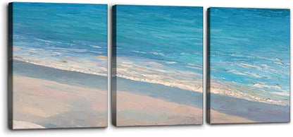 Pacimo - 3 Panels Canvas Wall Art Decor - Oil Painting Style Seascape with Waves on The Beach - Giclee Modern Artwork Prints on Canvas Gallery Wrap Home Decor Stretch Framed Ready to Hang - 12"x16"x3