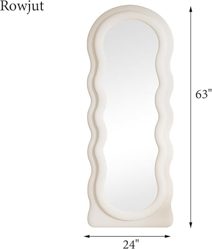 Rowjut Full Length Mirorr, 63"x24" Mirrors Full Length, Irregular Wavy/Wall Mounted & Standing Floor Mirror with Flannel, Body Mirorr Hanging or Leaning Against Wall for Bedroom (White)