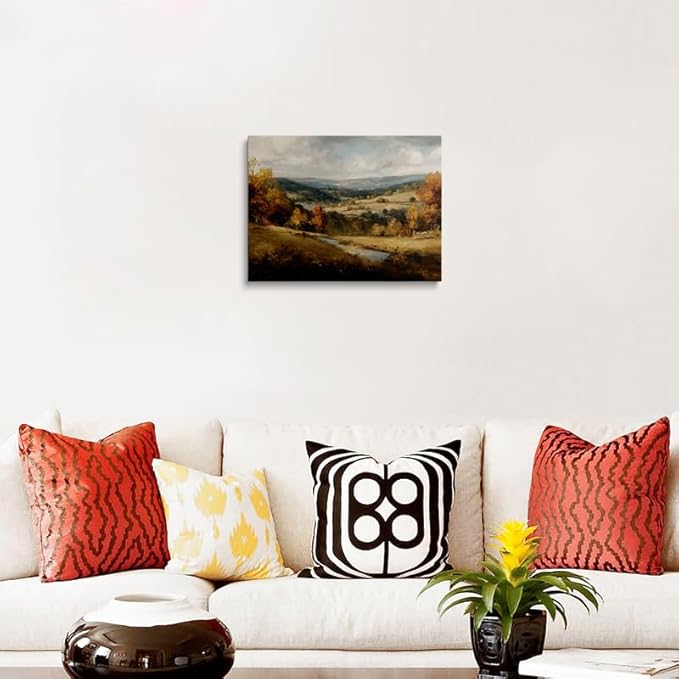 Autumn Mountain Landscape Canvas Wall Art Framed Oil Painting Moody Forest Stream Rolling Hills Calming Nature Scene Wall Decor Artwork Print Poster for Living Room Office 12x16 Inches