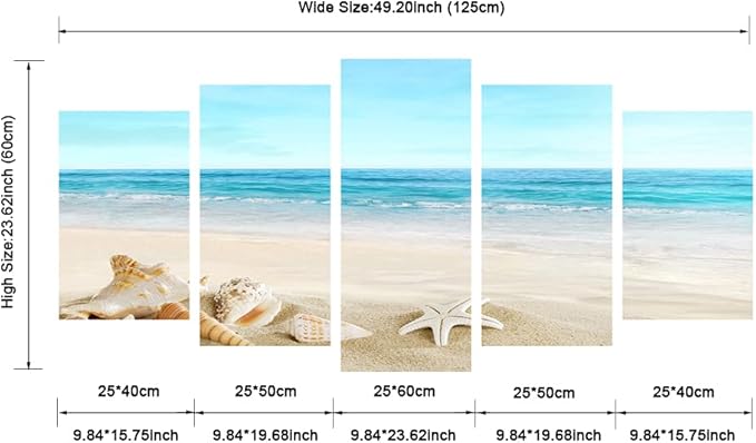 Pyradecor Seashell 5 panels Seascape Canvas Prints Landscape Pictures Paintings Modern Stretched Canvas Wall Art Sea Beach Pictures Artwork for Home Decor
