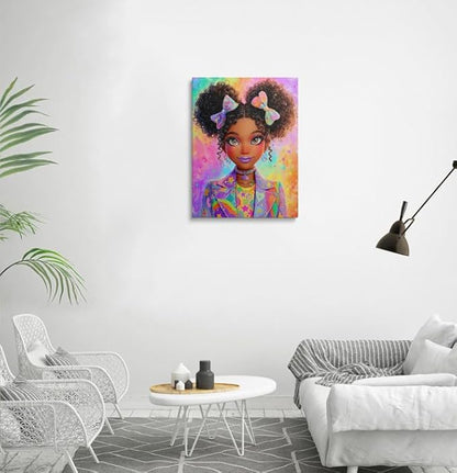 Black Girl Kawaii Art Canvas Wall Art Framed Digital Illustration Cute Curly Hair Pigtails Oversized Blazer Stars Rainbow Wall Decor Artwork Print Poster for Girls Bedroom 12x16 Inches