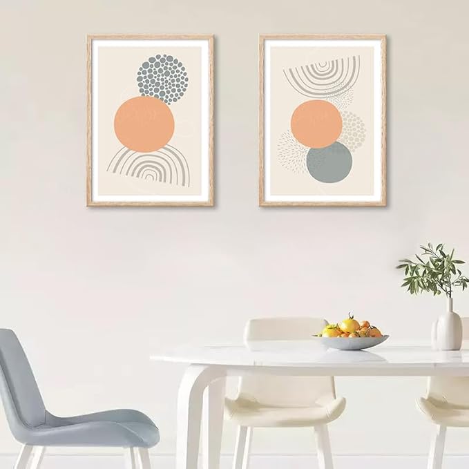 Framed Boho Wall Art Set of 2 Mid Century Modern Wall Decor, Bohemian Sun Geometric Painting, Abstract Canvas Art Print for Living Room Bedroom Dining Room Office Bathroom 12"x16"x2 Panels