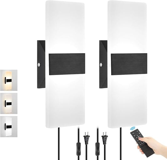 Plug in Wall Sconces with Adjustable 3000K-6500K Colors & 10%-100% Brightness, Wall Sconces Set of Two with Remote, 12W Acrylic LED Plug in Wall Light, Sconces Wall Decor Set of 2 (2 PACK,Black)