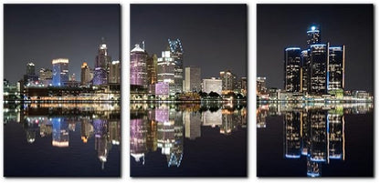 Pacimo 3 Pieces Panoramic Detroit Cityscape Picture Black and White Michigan Night Skyline Canvas Art Prints Wall Decoration for Bedroom Office Stretched and Framed Ready to Hang - 16"x24"x3 Panels