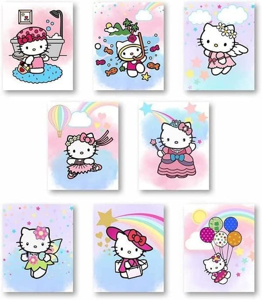 SYCART® Hello Kitty Wall Art Poster Prints, Posters for Girls Room, UNFRAMED Set of 8 ( 8x10 inches ), Kitty poster for girls bedroom, Kids Nursey Room decor, HelloKitty Decorations, Hello Kitty Watercolor poster