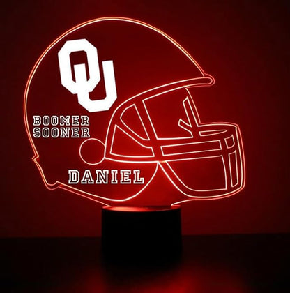 Custom University of Oklahoma Sooners Football Helmet LED Sign Night Light Lamp with Remote, Light Up Display with Personalized Name or Image, Customized, Made in The USA, Clear Acrylic, 16 Colors