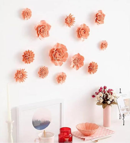 AMERRY 3.35" Ceramic 3D Flower Wall Art, Porcelain Chrysanthemum Wall Decor for Home Office Decor (Orange Pink)