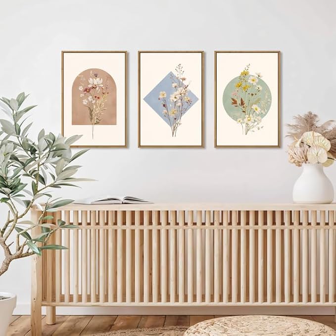 Celestdeco Large Vintage Wildflower Floral Framed Canvas Wall Art Set,Botanical Watercolor Calming Floral Wall Painting,Minimalist Boho Flower Artwork for Living Room,Dining Room,Office Decor -24"x36"x3