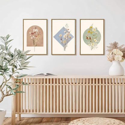 Celestdeco Large Vintage Wildflower Floral Framed Canvas Wall Art Set,Botanical Watercolor Calming Floral Wall Painting,Minimalist Boho Flower Artwork for Living Room,Dining Room,Office Decor-16"x24"x3