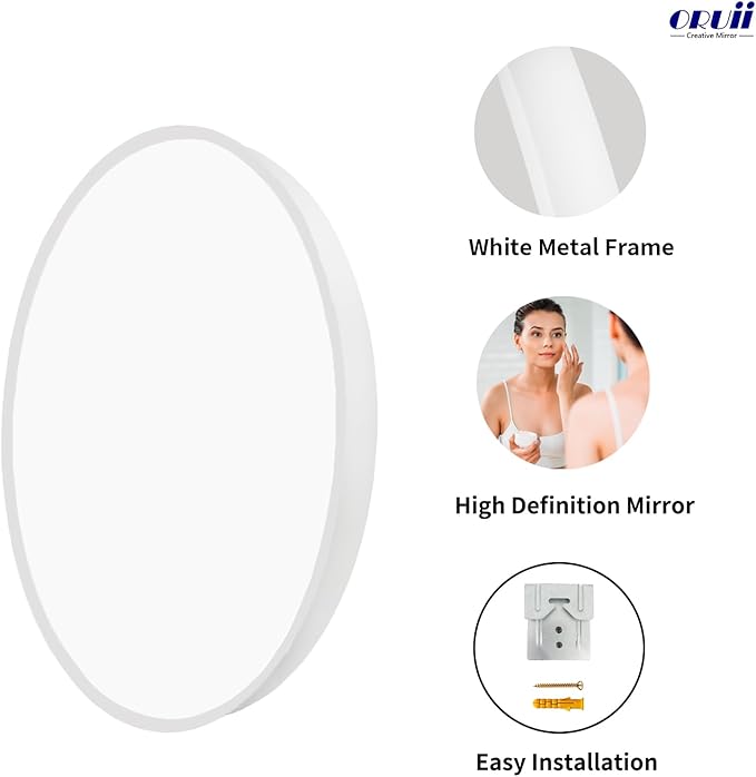 Oruii White Round Mirror, White Round Mirror 24 inch, Circle Wall Mirrors Metal Frame, Circular Mirrors for Bathroom, Wall, Living Room, Entryway, Hallway, Vanity, Rustic