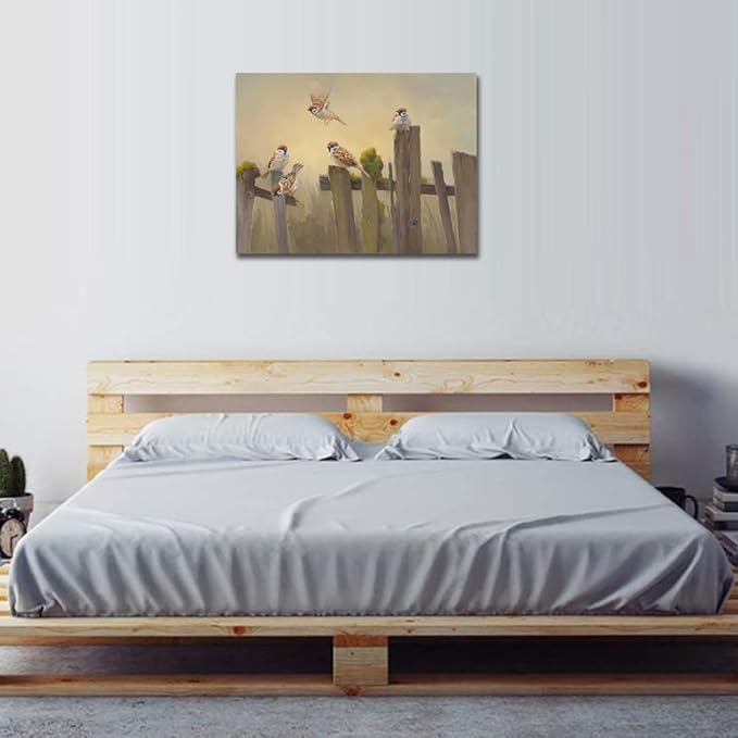 Bird Wall Art Birds Flying on The Wooden Fence Painting Decor Farmhouse Birds Canvas Art Print Pictures for Living Room Kitchen Home Office Decorations 24x32 inch