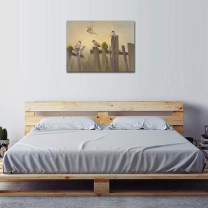 Bird Wall Art Birds Flying on The Wooden Fence Painting Decor Farmhouse Birds Canvas Art Print Pictures for Living Room Kitchen Home Office Decorations 24x32 inch