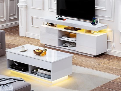 HOMMPA Modern LED TV Stand for 65/60/55 inch TV with Power Outlets, Gaming Console Storage Entertainment Center with LED Lights Game Cabinet for Living Room White