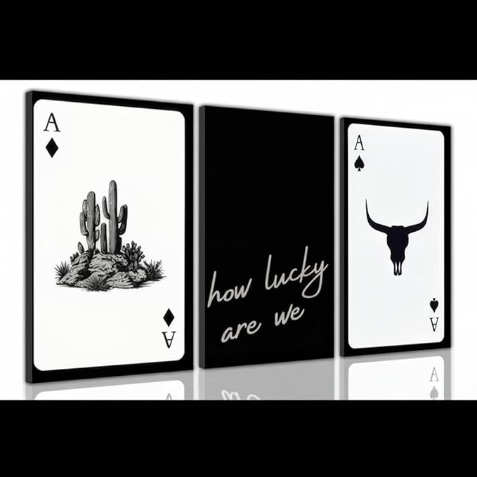 Yxjyzzkx 3-Piece Western Playing Card Wall Art Canvas Set, Black and White Cowboy Aesthetic Wall Decor, Ace of Spades Longhorn Minimalist Quote Canvas Prints for Living Room Bedroom Office