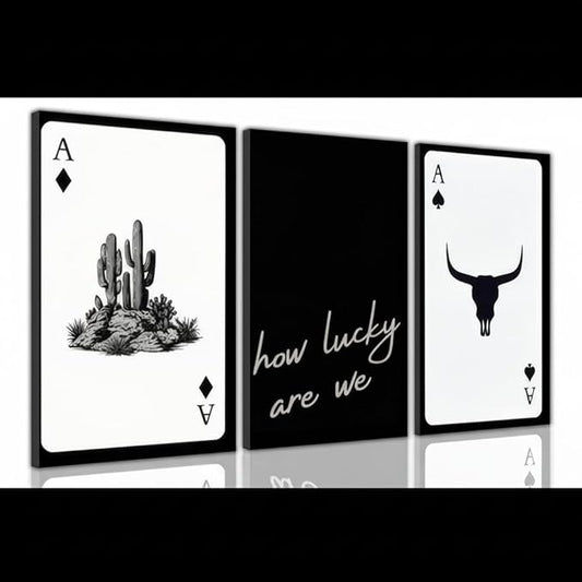 Yxjyzzkx 3-Piece Western Playing Card Wall Art Canvas Set, Black and White Cowboy Aesthetic Wall Decor, Ace of Spades Longhorn Minimalist Quote Canvas Prints for Living Room Bedroom Office