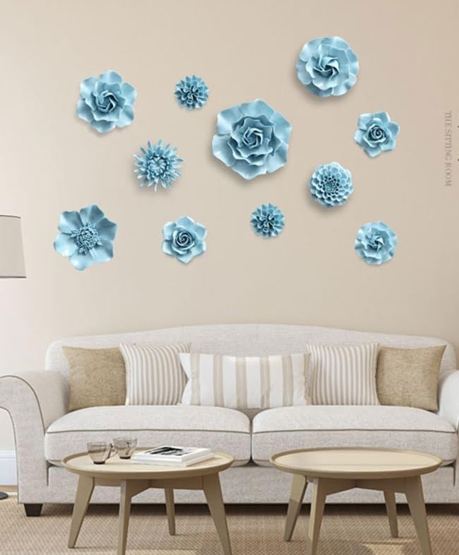 AMERRY 3.94" Ceramic Rose Wall Art, 3D Handmade Porcelain Hanging Sculpture for Home Office Decor (Blue)