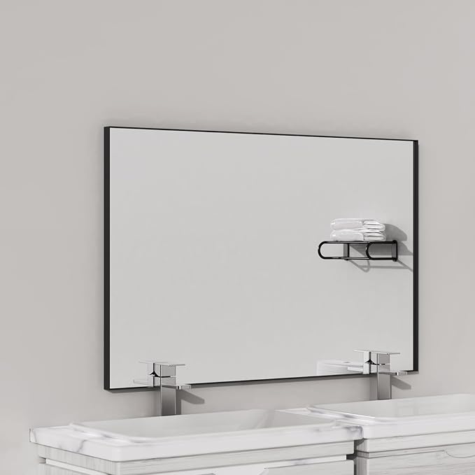 VocalStar Black Bathroom Mirror for Wall, 28 x 40 Inch Square Corner Rectangle Metal Framed Bathroom Vanity Mirror Modern Farmhouse, 1/4-inch Shatterproof Glass | Ultra-Flush Hanging