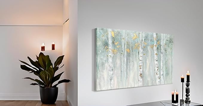 Yihui Arts Birch Tree Canvas Wall Art with Gold Foil - Abstract Forest Paintings with Textured - Green Landscape Pictures for Living Room Bedroom Bathroom Decor