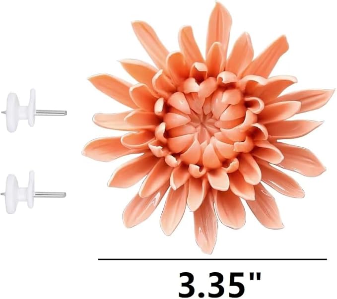 AMERRY 3.35" Ceramic 3D Flower Wall Art, Porcelain Chrysanthemum Wall Decor for Home Office Decor (Orange Pink)