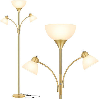 Coucrek Floor Lamp for Living Room,72" Dimmable Torchiere Lamp with 2 Reading Lights for Bedroom, Gold Tall Standing Room Lamp, 3 Bulbs Included