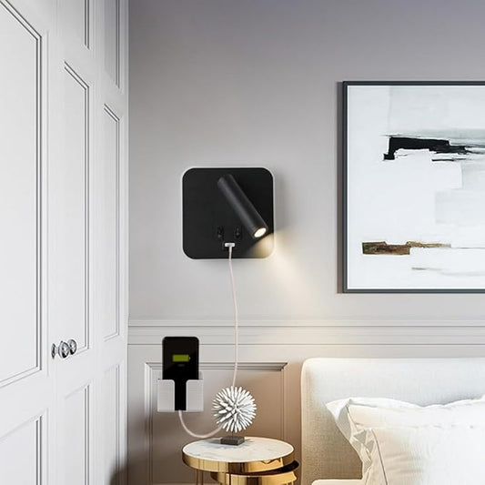 USB Charging Port Wall Wash Light Black Bed LED with Interior Wall Adjustable Spotlight Reading lamp Wall lamp Bedroom Indoor Bedside Lamp 3000K (3W + 10W)