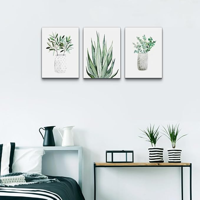 Lapremoly Large Canvas Wall Art For Living Room Wall Decor For Bedroom Kitchen Dining Room Decoration Leaf Abstract Pictures Office Room Home Walls Artwork Green Plants Ink Wall Paintings 3 Piece