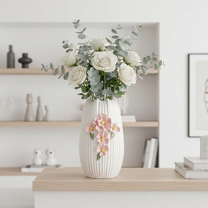 Ceramic Flower Vase - 9 Inch White Modern Vase for Pampas Grass, 3D Floral Vase for Living Room, Kitchen, Easter Table, Dining Room, Table Decor