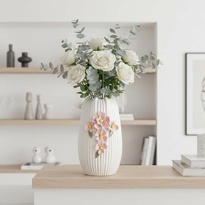 Ceramic Flower Vase - 9 Inch White Modern Vase for Pampas Grass, 3D Floral Vase for Living Room, Kitchen, Easter Table, Dining Room, Table Decor