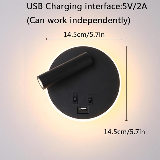 USB Charging Port Wall Wash Light Black Bed LED with Interior Wall Adjustable Spotlight Reading lamp Wall lamp Bedroom Indoor Bedside Lamp 3000K (3W + 9W)