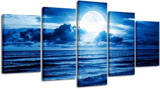 Pyradecor Extra Large Blue Clouds 5 Panels Moon Sea Beach Canvas Wall Art Modern Landscape Canvas Prints Pictures Artwork for Living Room Bedroom Home Decorations