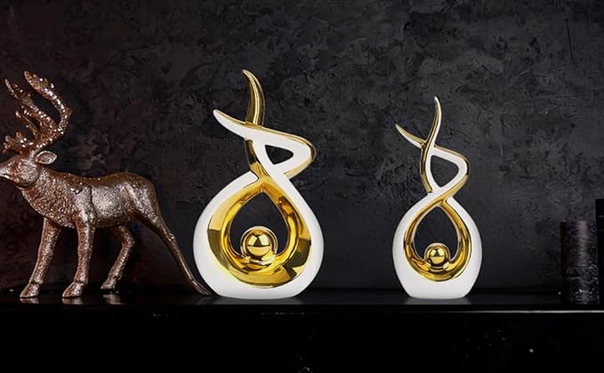 Querro Modern Abstract Ceramic Statue - Elegant White & Gold Decor for Home Living Room, Dining Table Centerpiece & Office Shelf | Luxury Aesthetic Sculpture (Large)