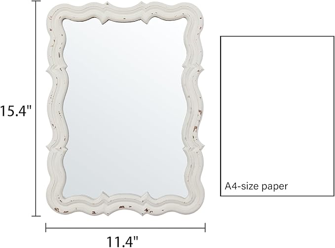 Vintage Small Scalloped Wall Mirrors Decorative 16 x 12 inch, Hanging Distressed White Sculpted Wood Bathroom Vanity Mirror, Rustic Entryway Mirror, Farmhouse Wall Mounted Mirrors