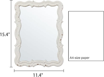 Vintage Small Scalloped Wall Mirrors Decorative 16 x 12 inch, Hanging Distressed White Sculpted Wood Bathroom Vanity Mirror, Rustic Entryway Mirror, Farmhouse Wall Mounted Mirrors