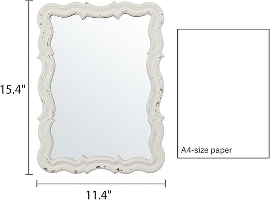 Vintage Small Scalloped Wall Mirrors Decorative 16 x 12 inch, Hanging Distressed White Sculpted Wood Bathroom Vanity Mirror, Rustic Entryway Mirror, Farmhouse Wall Mounted Mirrors