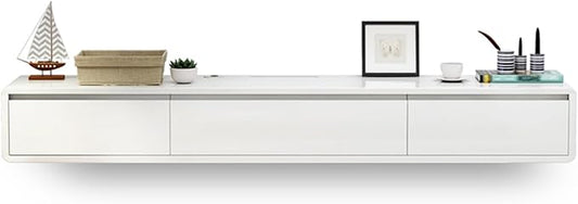 Modern Wall-Mounted Wooden TV Cabinet, Stylish TV Storage Shelf with Drawers, Cable Management, Hollow Back, White Entertainment Center, 120x24x20 Media Console Table