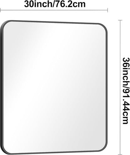 BONEWEI 30x36 inch Bathroom Mirror,Black Rectangle Mirror,Wall Mounted Bathroom Frame Vanity Mirror with Round Corner for Bedroom Living Room, Entryway Hangs Horizontal or Vertical
