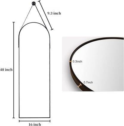 Dewfig 16"x48" Hanging Mirror with Leather Strap,Arched Full Length Mirror with Aluminum Frame Wall-Mounted Hanging Mirrors for Bathroom Vanity Living Room Bedroom Entryway Décor, Black