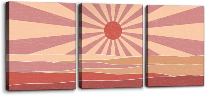 Pacimo 3 Pieces Boho Canvas Wall Art - Framed Canvas Wall Art Prints Sun Rising on the Sea Design - Modern Artwork for Home Decor, Neutral Boho Wall Decor for Living Room Bedroom Office - 12"x16"x3