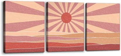 Pacimo 3 Pieces Boho Canvas Wall Art - Framed Canvas Wall Art Prints Sun Rising on the Sea Design - Modern Artwork for Home Decor, Neutral Boho Wall Decor for Living Room Bedroom Office - 12"x16"x3