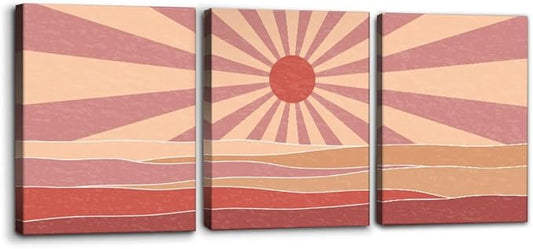 Pacimo 3 Pieces Boho Canvas Wall Art - Framed Canvas Wall Art Prints Sun Rising on the Sea Design - Modern Artwork for Home Decor, Neutral Boho Wall Decor for Living Room Bedroom Office - 12"x16"x3