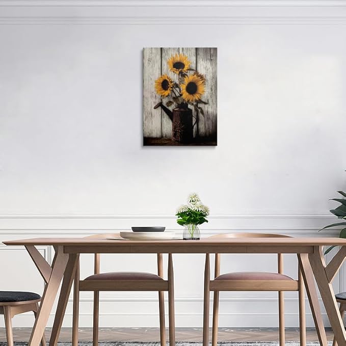 Farmhouse Sunflower Canvas Wall Art Framed Print Rustic Still Life with Vintage Watering Can on Whitewashed Wood Wall Decor Artwork for Kitchen Country Decor 16x24 Inches