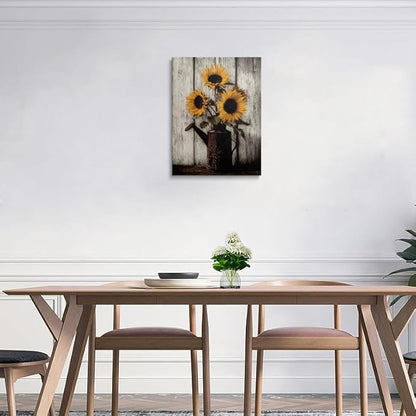 Farmhouse Sunflower Canvas Wall Art Framed Print Rustic Still Life with Vintage Watering Can on Whitewashed Wood Wall Decor Artwork for Kitchen Country Decor 16x24 Inches