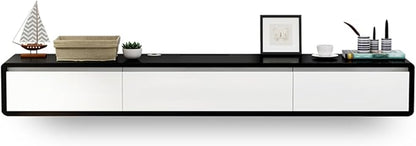 Wall-Mounted Wooden TV Cabinet, Modern Media Console with Drawers & Cable Management, Stylish White TV Stand, Hollow Back Design, 180x24x20 for Home Entertainment